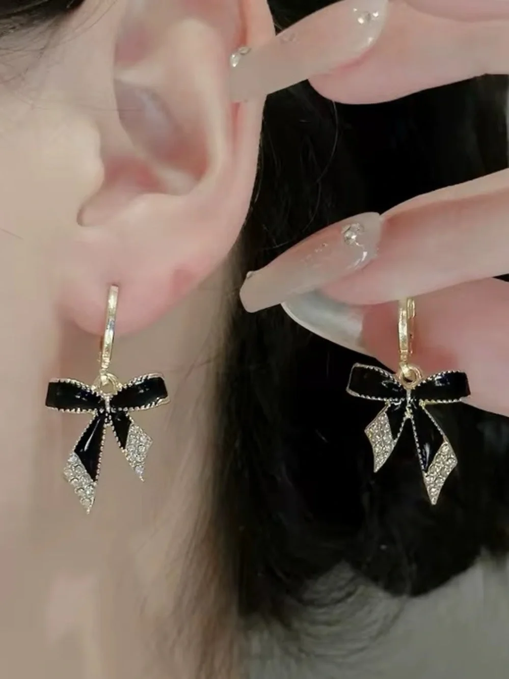 *** Delicate Gold Bow Drop Earrings with Black Enamel and Crystal Accents